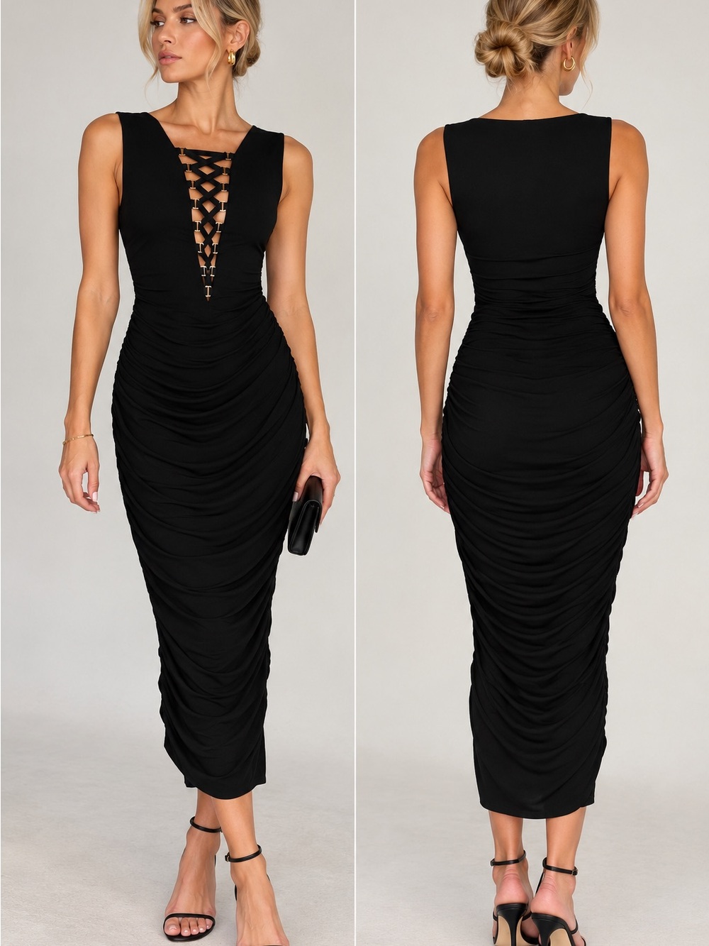 Marciano Black Lace-Up Ruched Midi Dress